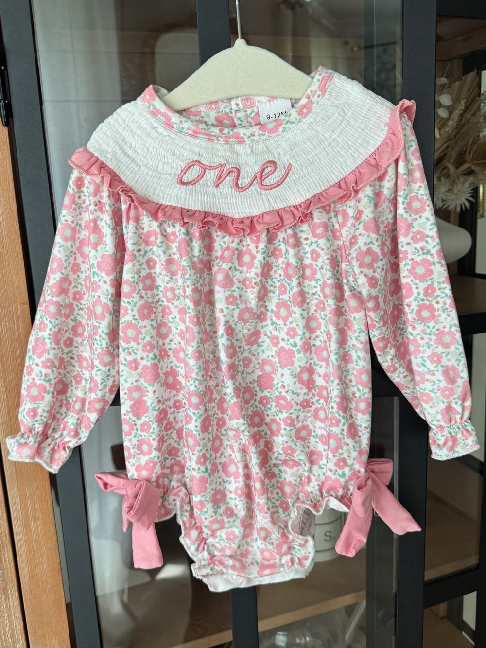 First Birthday smocked bubble romper embroidered floral bows baby girl 1st outfi